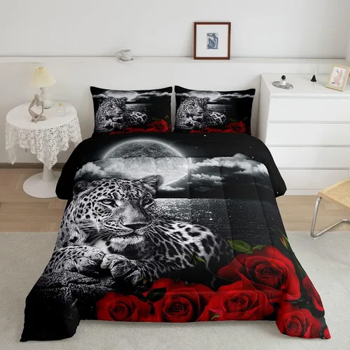 Vista 11 de Castle Fairy Juego de edredón con diseño de gato lindo para niños, tamaño twin, juego de ropa de cama con hojas de flores, luna, noche y cielo
