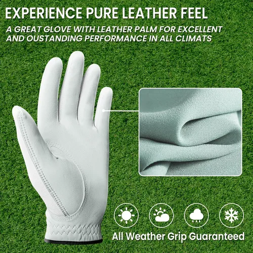 Vista 5 de FINGER TEN Mens Golf Gloves Leather Palm Value 6 Pack