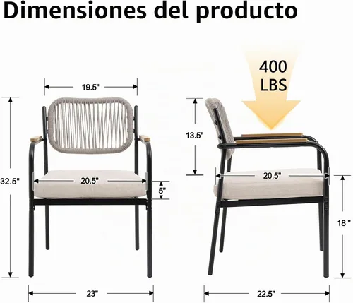 Vista 3 de Juego de 2 sillas de comedor para exteriores, sillas de comedor de mimbre para patio con cojines extraíbles, silla de mesa rectangular para patio
