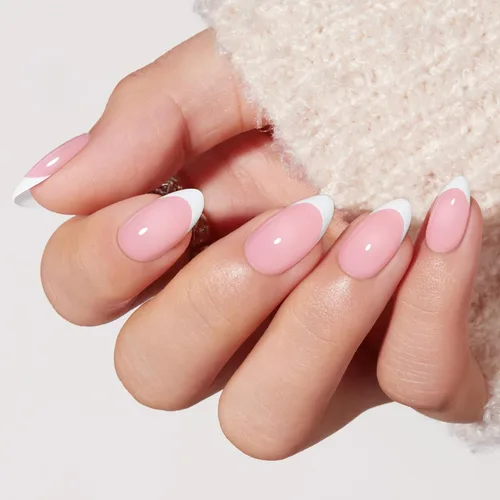 Vista 2 de Modelones Uñas postizas a presión con punta francesa de almendra, uñas postizas cortas de almendra para mujer, kit de uñas reutilizables