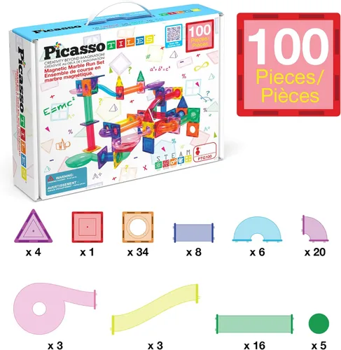Vista 7 de PicassoTiles - Juego de pista de canicas magnéticas de 100 piezas con azulejos de pista de carreras, embudos, pendientes curvas y bolas de acero