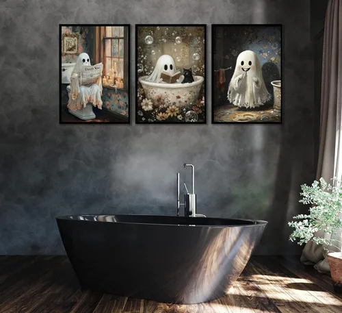 Vista 6 de 3 pósteres de fantasmas de Halloween, arte de pared, fantasmas de terror y gato negro en el baño, decoración de pared, imágenes góticas oscuras