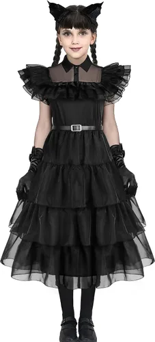 Vista 2 de cefirature Addams - Vestido de malla para niñas, disfraz, peluca, calcetines, guantes, banda para el cabello, vestido de disfraz de dibujos animados