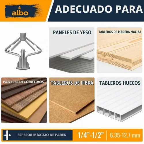 Vista 5 de Kit de anclaje para paneles de yeso Albo Anclajes de pared huecos con tornillos 50 piezas. (Anclaje gris 25 piezas + tornillos 25 piezas) Anclajes