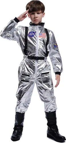 Vista 3 de Maxim Party Supplies Disfraz de astronauta para niños, traje espacial con parches bordados y bolsillos para niños (1214)