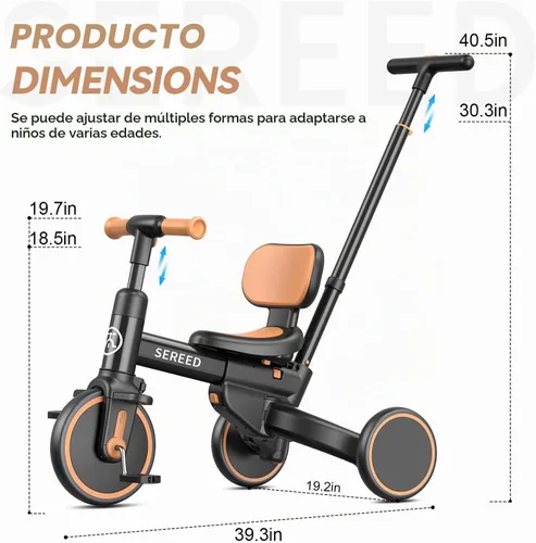 Vista 9 de SEREED Triciclo de empuje 5 en 1 para niños pequeños de 1 a 4 años Negro