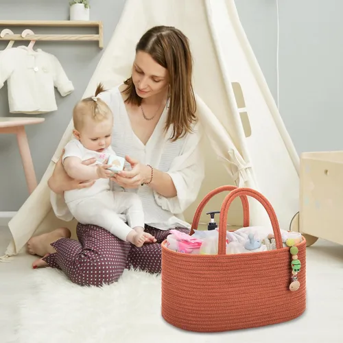Vista 3 de COMSE Organizador grande de pañales para bebé para niña y niño, organizador de automóvil con asas, cesta de cuerda de algodón para cambiador