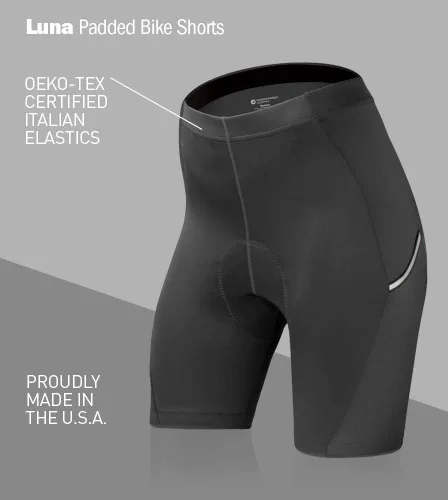 Vista 5 de AEROTECHDESIGNS Pantalones cortos de ciclismo acolchados Luna para mujer Bolsillo reflectante colorido Fabricado en Estados Unidos
