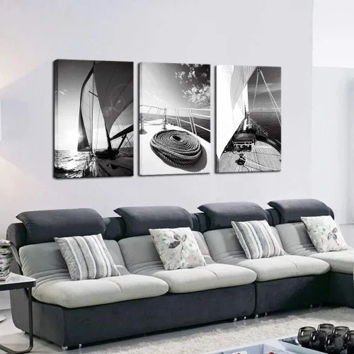 Vista 4 de LevvArts 3 piezas de arte de pared en blanco y negro, yate, velero, al atardecer, pintura náutica, decoración de pared para el hogar, oficina, sala