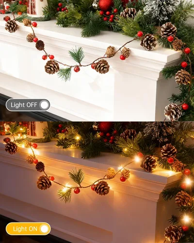 Vista 6 de Luditek Guirnalda de Navidad con luces, guirnalda preiluminada de 6.4 pies, funciona con pilas, decorada con 20 luces LED, bayas rojas, conos