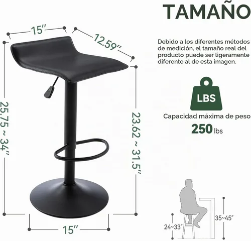 Vista 3 de Vogue Furniture Direct - Juego de 2 taburetes de bar ajustables, taburetes de bar giratorios de cuero sintético con elevación, silla de bar sin