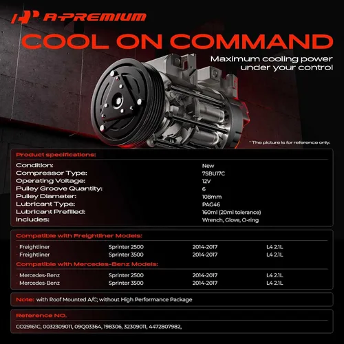 Vista 2 de A-Premium Compresor de aire acondicionado con embrague compatible con Mercedes-Benz Freightliner Sprinter 2500, Sprinter 3500, 2.1L 2014-2017