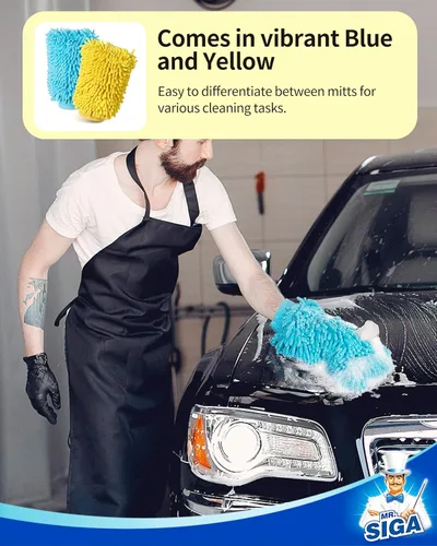 Vista 7 de MR.SIGA Manoplas de microfibra suave de chenilla para lavado de coche, paquete de 2, azul y amarillo