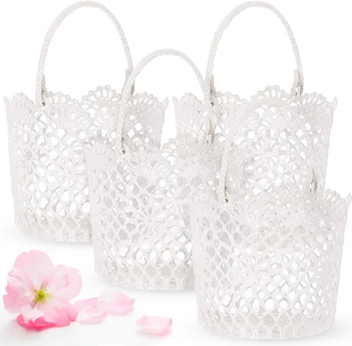 Vista 6 de WILLBOND 4 cestas blancas para niña de las flores con asa para ceremonia de boda, 5.9 x 4.72 x 4.33 pulgadas