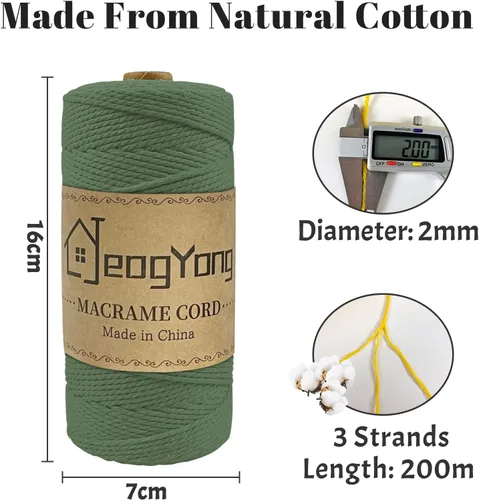 Vista 2 de JeogYong Cuerda de macramé de 0.079 in x 218 yardas, cuerda de algodón natural torcida de 3 hebras, cuerda de algodón de color para colgar plantas