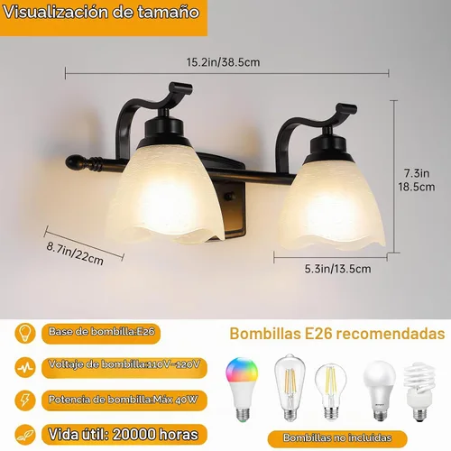 Vista 4 de Lámparas de baño (2 luces, 38 cm), luces de tocador mate negras para baño con pantalla de vidrio esmerilado blanco, luces de pared modernas