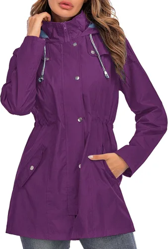 Vista 17 de Kikibell Chaqueta de lluvia para mujer con capucha, con forro a rayas, ligera, impermeable para exteriores, cortavientos Verde militar
