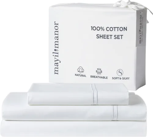 Vista 14 de Sábanas de Cama de Algodón 100% Natural Juego de Sábanas Twin de Tejido Satinado de Una Sola Capa de 500 TC Ropa de Cama Sólida Suave