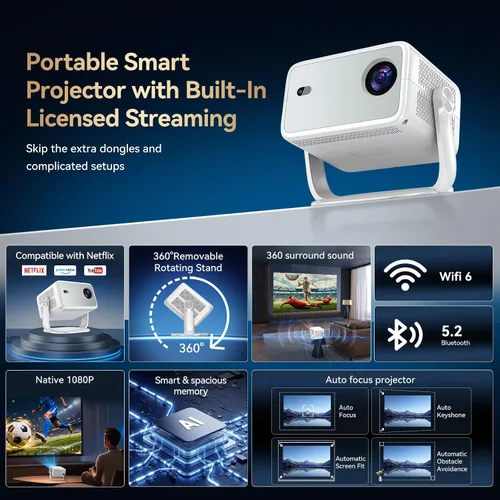 Vista 9 de Proyector para exteriores con Netflix integrado, soporte 4K, proyector inteligente de brillo 3500 con WiFi y Bluetooth, enfoque automático y Plateado