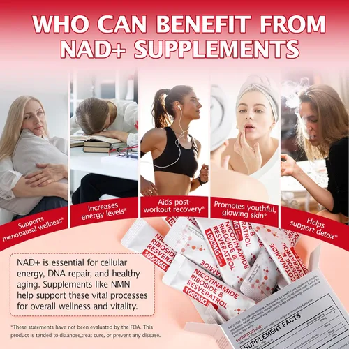 Vista 9 de Suplemento NAD+ 1000 mg paquetes líquidos 21 piezas, resveratrol de ribósido de nicotinamida, suplementos NAD para mujeres y hombres