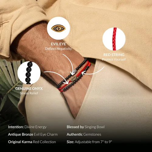 Vista 2 de KARMA AND LUCK - Brave Gaze - Men's Real Matte Onyx Jade Stone Bronze Brass Evil Eye Charm Red String Adjustable Drawstring Closure Bracelet