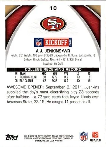 Vista 2 de 2012 Topps Kickoff Football #18 A.J. Jenkins San Francisco 49ers