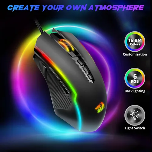 Vista 2 de Redragon Mouse para juegos, mouse para juegos con cable con retroiluminación RGB, 8000 DPI ajustable, mouse con 9 botones macro programables y botón