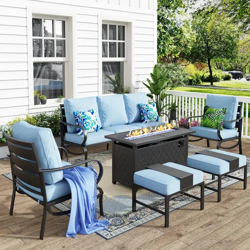 Vista 33 de MFSTUDIO Juego de 4 piezas de conversación para patio, marco de metal para todo tipo de clima, muebles de exterior con 1 mesa rectangular de propano