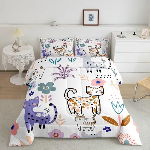 Vista 2 de Feelyou Juego de edredón de dibujos animados de gatos, juego de edredón de gatitos y flores, para niños, niñas, adolescentes, mascotas, gatos, juego