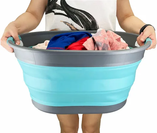 Vista 8 de SAMMSAMMART - Juego de 2 cestas plegables ovaladas de plástico para la ropa sucia de 28 litros (7.4 galones), contenedor de almacenamiento plegable