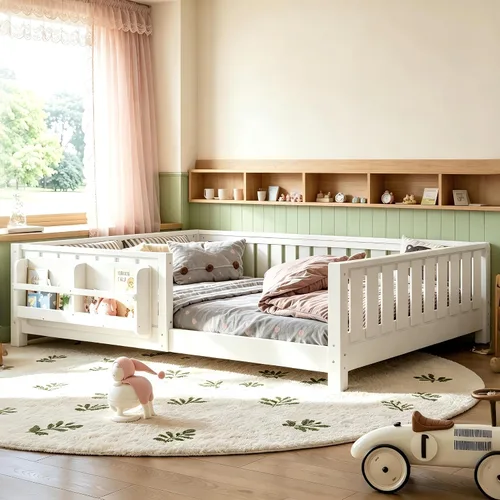 Vista 20 de Marco de cama Montessori Twin con estantería y barandillas, color beige