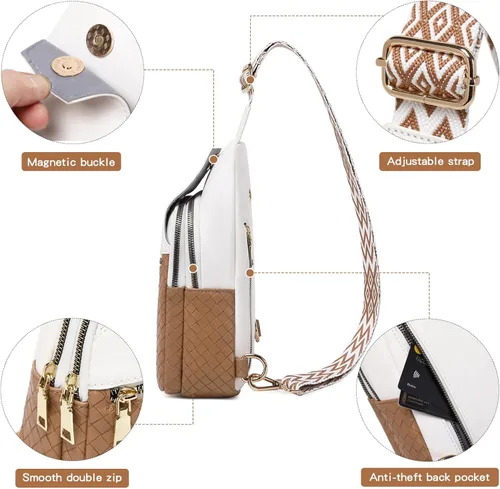 Vista 6 de Bolso bandolera para mujer, cangurera de pecho pequeño, de piel sintética de viaje a la moda, con correa ajustable, F106-beige y marrón claro, Bolso