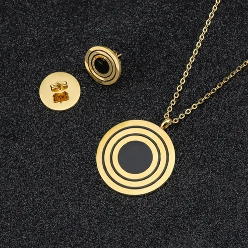 Vista 2 de MOXIE ACCESSORIES Juego de joyas de acero inoxidable con círculos dorados y negros para mujer, Acero inoxidable, No es una piedra preciosa