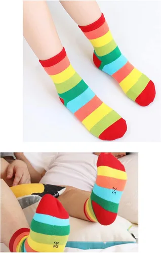 Vista 5 de Litomatic Calcetines de algodón sin costuras para niñas, calcetines casuales para niños, calcetines escolares con rayas de arcoíris, paquete de 5