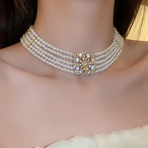 Vista 3 de Octwine Gargantilla corta con perlas de diamantes de imitación estilo bohemio de los años 20, Estrás Metal