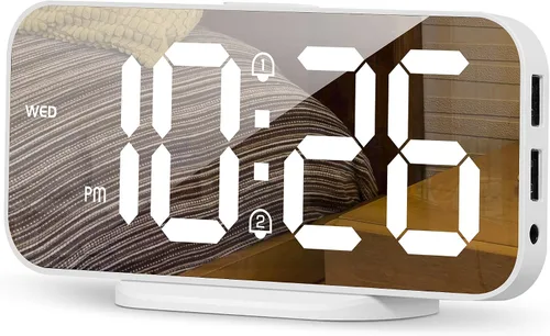 Vista 10 de Reloj despertador digital para dormitorio, superficie de espejo LED de 6.7 pulgadas con 2 puertos de carga USB, brillo ajustable, alarma doble