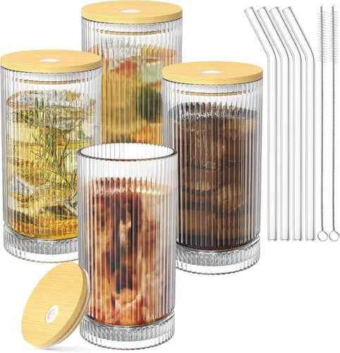 Vista 8 de CWHHRN Vasos de vidrio de 15 onzas con pajitas, cristalería vintage para whisky, cóctel, cerveza, tazas de café helado y vasos para beber