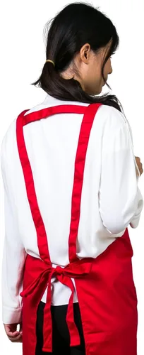Vista 4 de Wealth & Luck - Delantal rojo, correa cómoda con espalda en H, delantal de trabajo resistente con 2 bolsillos, regalo de cocina profesional