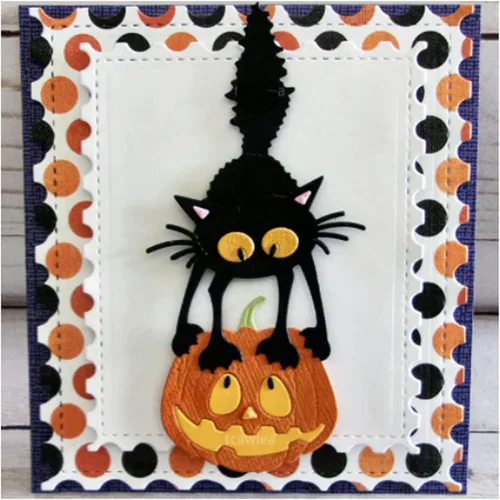 Vista 5 de Suds&WH Encantadores troquelados de metal de calabaza de gato, plantillas de corte de tarjetas de calabaza de Halloween, álbum de recortes, álbum