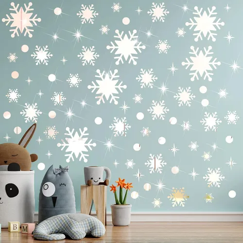 Vista 5 de Outus 193 calcomanías de pared de espejo de copo de nieve de Navidad, calcomanías de pared extraíbles de espejo acrílico 3D, decoración