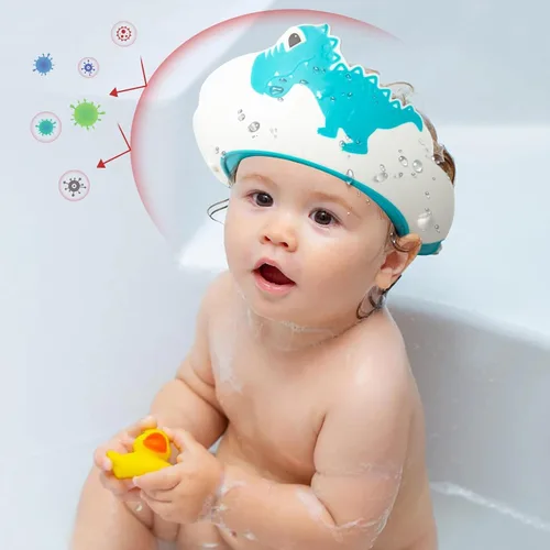 Vista 5 de FUNUPUP - Gorro de ducha para bebé, para niños, champú de baño para bebé, visera de lavado de cabello, ajustable, dinosaurio azul