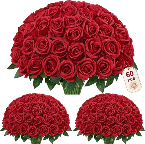 Vista 14 de 50 flores artificiales de rosas negras, ramo de rosas falsas de terciopelo Negro