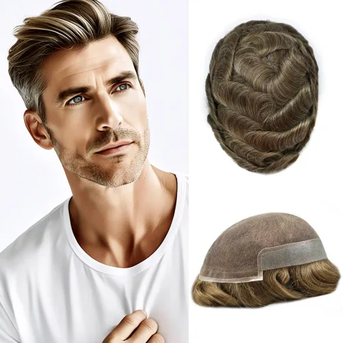 Vista 25 de Mens Toupee Remy Human Hair System For Men Bleached Knot Toupee Hair Piece For Men French Lace Toupee For Men Hairpiece 8X10#17 Dark Ash Blonde 90%