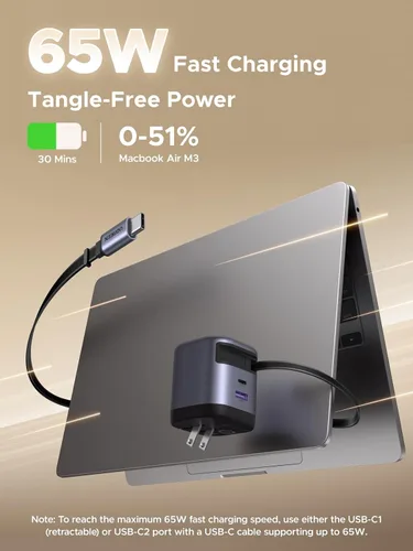 Vista 2 de UGREEN Nexode - Cargador retráctil USB C de 65 W GaN con cable integrado, adaptador de pared de carga rápida de 2 puertos para iPhone 17/16/15