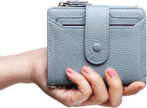 Vista 6 de Mini cartera plegable de cuero suave con protección RFID, para mujer, con funda para tarjeta, con ventana de identificación, monedero