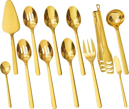Vista 9 de KINGSTONE Juego de utensilios de servir para anfitriona grande, 18/10 de acero inoxidable resistente cucharas de servir de 10 pulgadas, cucharas