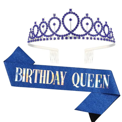 Vista 19 de CAVETEE - Juego de corona y banda de reina de cumpleaños para mujer, banda y tiara de diamantes de imitación, decoraciones de cumpleaños negras Negro