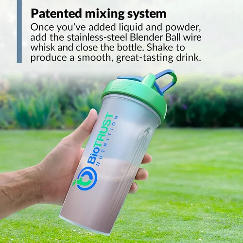 Vista 4 de BioTrust BlenderBottle - Botella mezcladora clásica, 28 onzas con bucle, transparente/verde 28 oz shaker bottle with stainless steel wire whisk