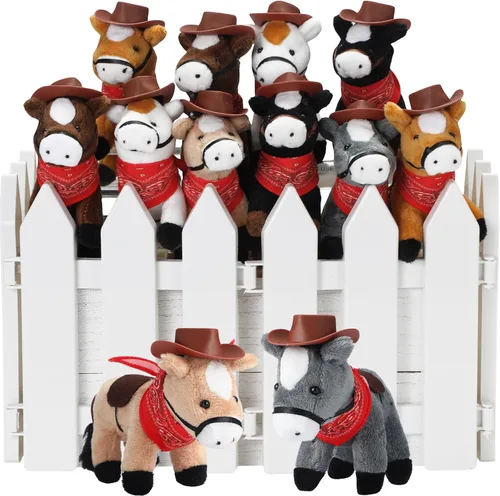 Vista 9 de 42 piezas Adopta un caballo de fiesta para niños, 12 mini caballos de peluche con pequeños sombreros de vaquero y 12 bandanas, manualidades para mi