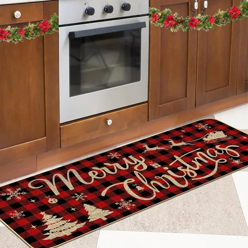 Vista 7 de Juego de 2 tapetes de cocina de Navidad, copos de nieve y Papá Noel, alfombras de cocina antideslizantes para fiestas de vacaciones y decoración